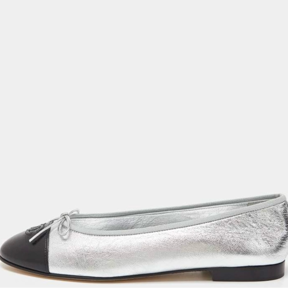 Chanel Metallic Silver/Black  CC Bow Cap Toe Ballet Flats
